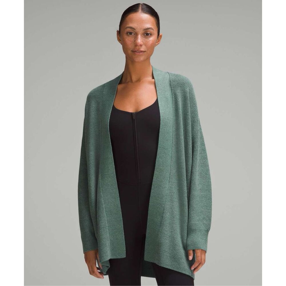 Lululemon Merino Wool Blend Ribbed Long Wrap Sweater Heathered Medium Forest Siz
